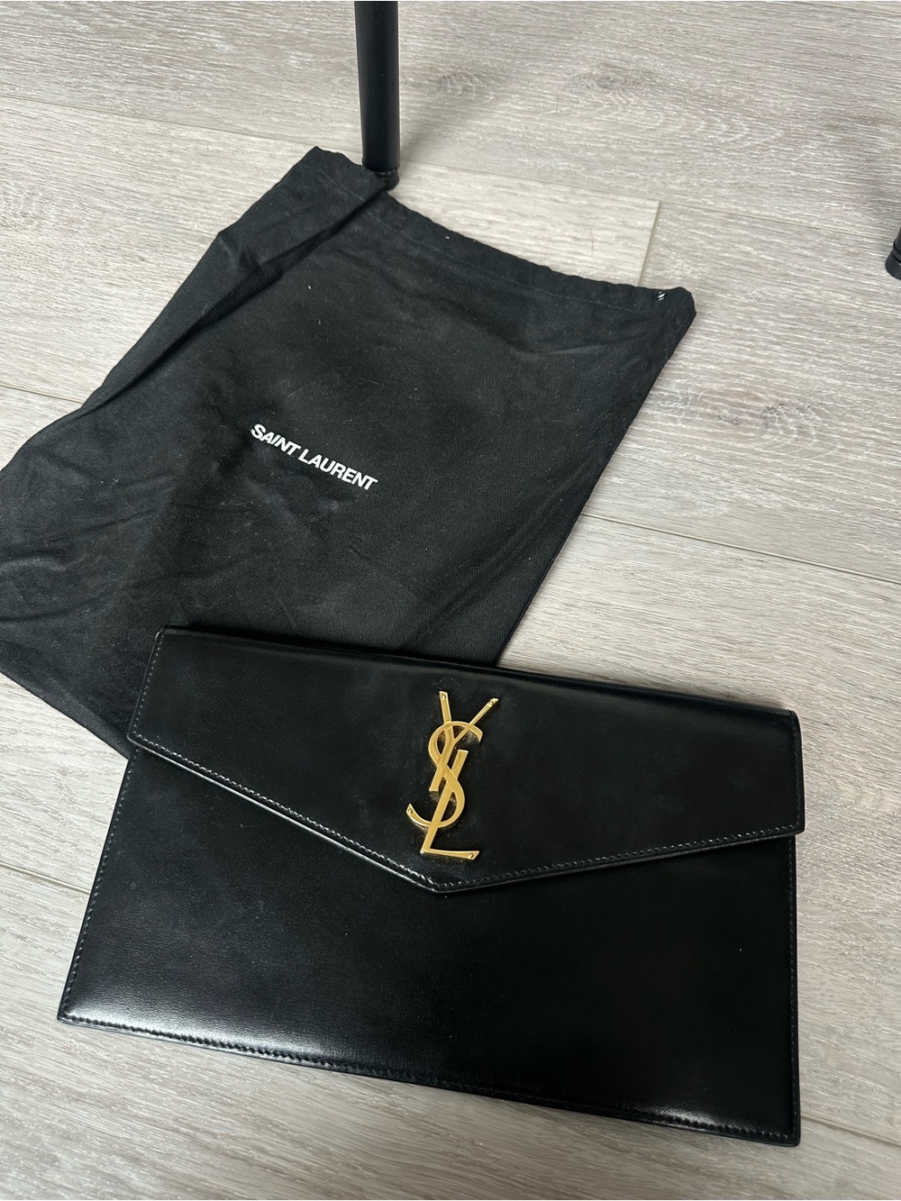 Saint Laurent Black Leather Envelope Clutch with Gold YSL Hardware
